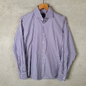 Hugo Boss Shirt Men 16 34/35 Purple Striped Button Down Regular Fit Dress Cotton